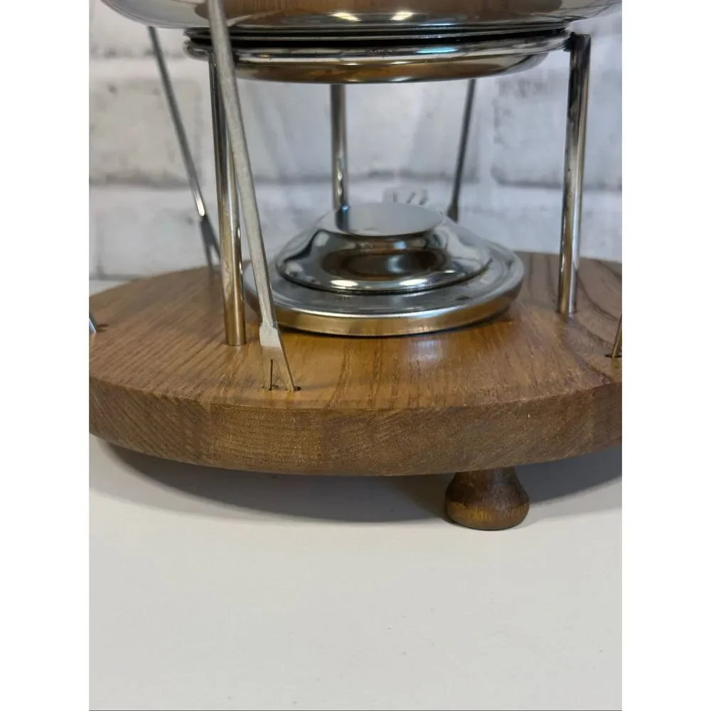 Vintage MCM Fondue Set 18/8 Stainless Steel Wood Mint Condition
